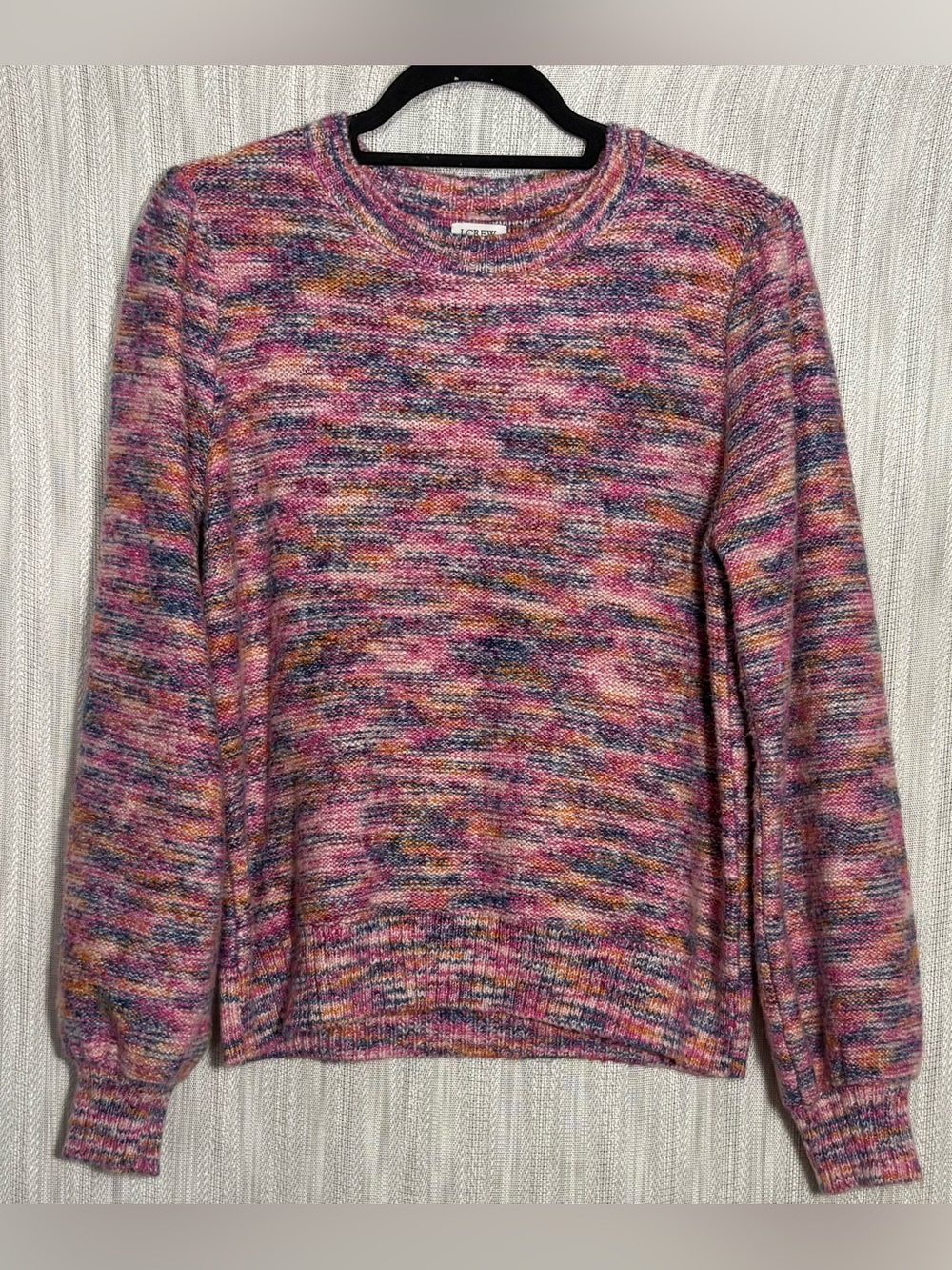 J. Crew Pink Multicolor Marled Crewneck Sweater with puff shoulder